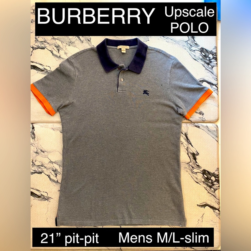 Mens BURBERRY Upscale Polo🐴Grey/Navy/Orange🔥Super Sharp! EUC🔥Med- Slim Large!
